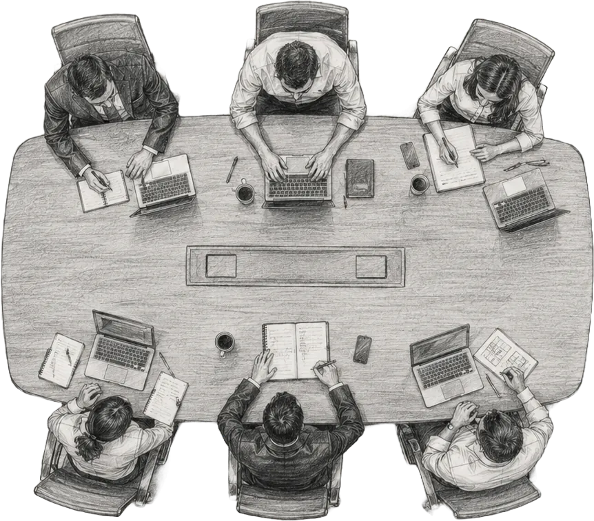 Pencil drawing of a boardroom table seen from the ceiling, three lawyers along each side with laptops, notebooks and papers between them